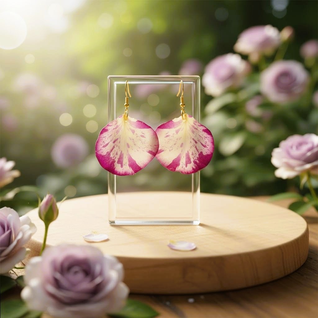 La bellezza naturale degli orecchini Abracadabra Drop: un tocco di eleganza floreale da indossare Modella sorridente in un giardino di rose che indossa gli orecchini Abracadabra Drop realizzati con petali di rosa naturali bianchi e fucsia.
