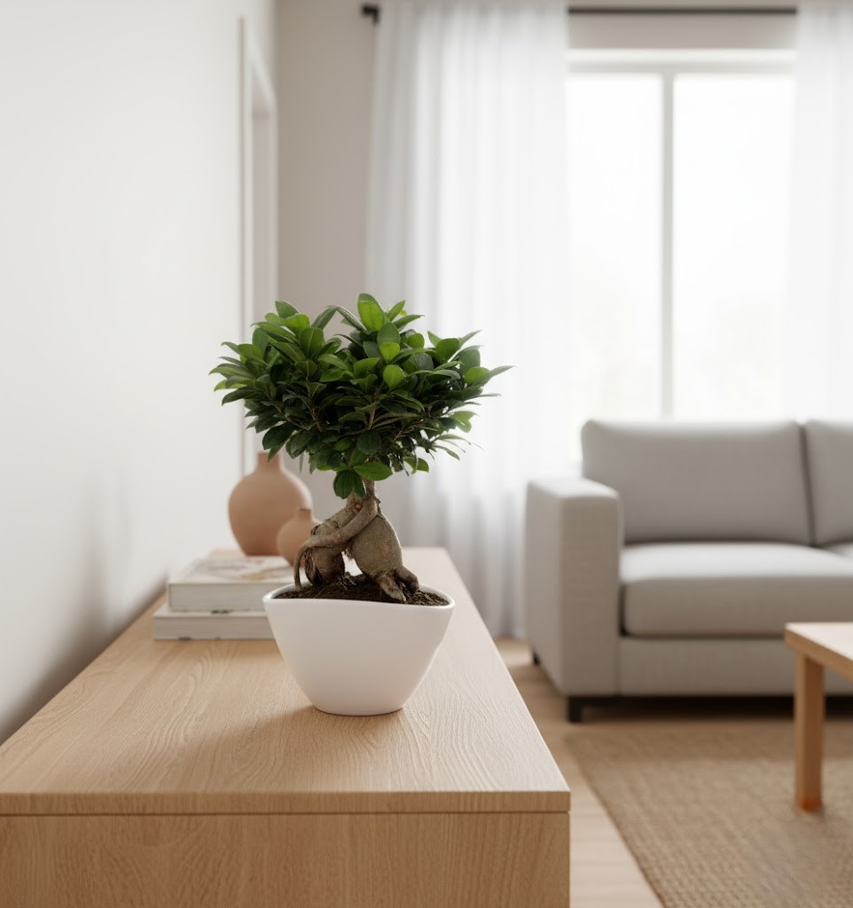 Bonsai Ficus Ginseng in vaso bianco posizionato su un tavolo in legno chiaro in un soggiorno luminoso con divano grigio.