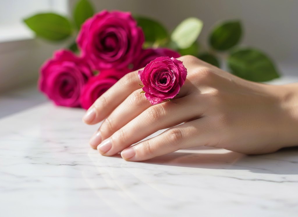 Primo piano di un anello artigianale con bocciolo di rosa fucsia vera preservata in resina, indossato su una mano con manicure naturale su superficie in marmo.