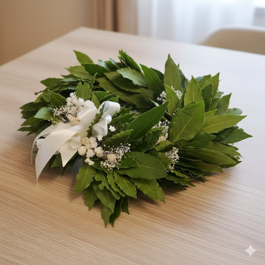 Raffinata corona di laurea con foglie di alloro fresco, gipsofila stabilizzata e fiori di glixia essiccati bianchi, ideale per spedizioni sicure e lauree eleganti a Corato.