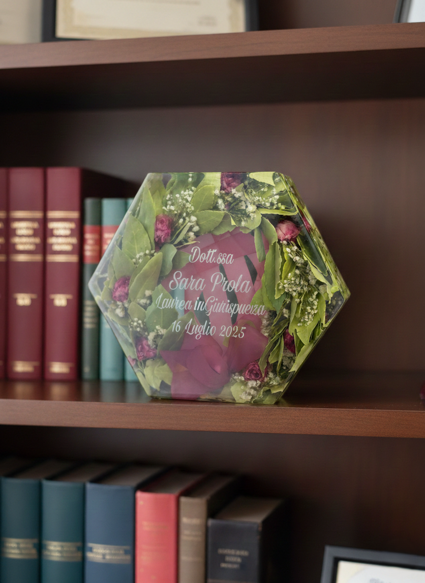 Dettaglio di una corona d'alloro essiccata e inglobata in un blocco di resina esagonale, esposta in una libreria tra libri di diritto. Esempio di conservazione ricordi di laurea DV Flowers