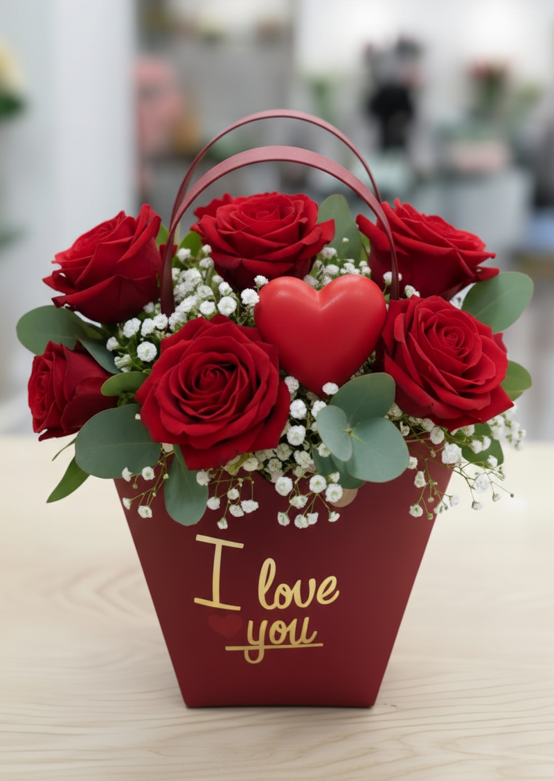 Flower Bag bordeaux con rose rosse, gypsophila e cuore dorato decorativo, scritta "I love you" dorata, regalo per San Valentino 2026 DV Flowers Corato.