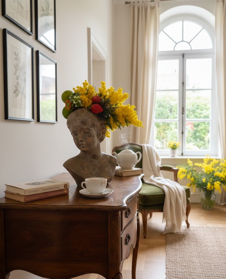 Scultura di busto femminile coronata da mimosa, fragole e limoni per regalo Festa della Donna a Corato