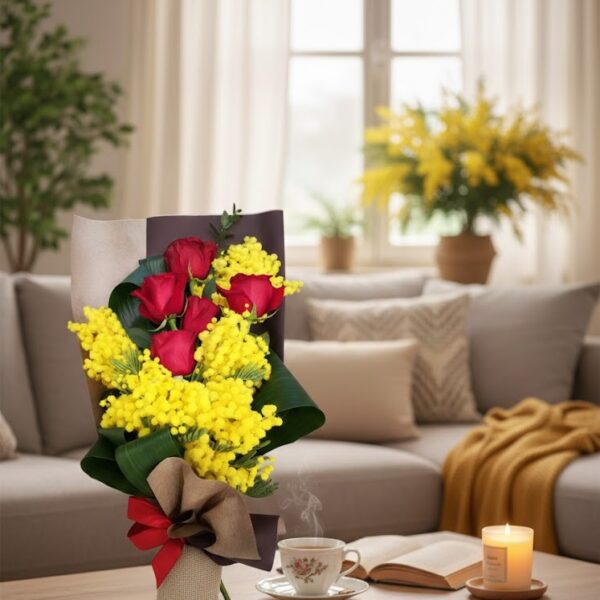 Bouquet elegante Oro Rosso con 5 rose rosse e mimosa gialla brillante per l'8 marzo, confezionato da DV Flowers a Corato