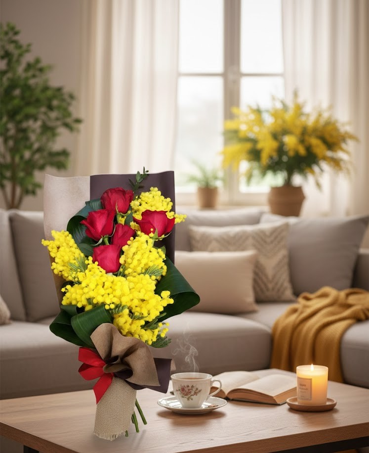Bouquet elegante Oro Rosso con 5 rose rosse e mimosa gialla brillante per l'8 marzo, confezionato da DV Flowers a Corato