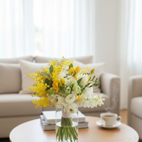 Bouquet floreale bianco e giallo con mimosa, ranuncoli e tulipani in un vaso di vetro su un tavolo, regalo Festa della Donna Corato