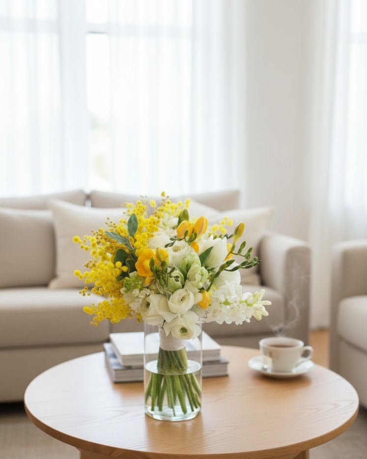Bouquet floreale bianco e giallo con mimosa, ranuncoli e tulipani in un vaso di vetro su un tavolo, regalo Festa della Donna Corato