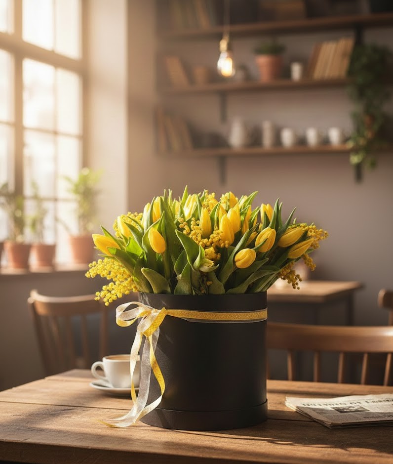 Composizione floreale d'élite in box nera con tulipani gialli e mimosa, ideale come regalo di design per la Festa della Donna a Corato.
