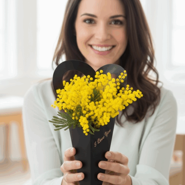 Elegante cono nero a forma di cuore riempito di mimosa fresca per la Festa della Donna a Corato