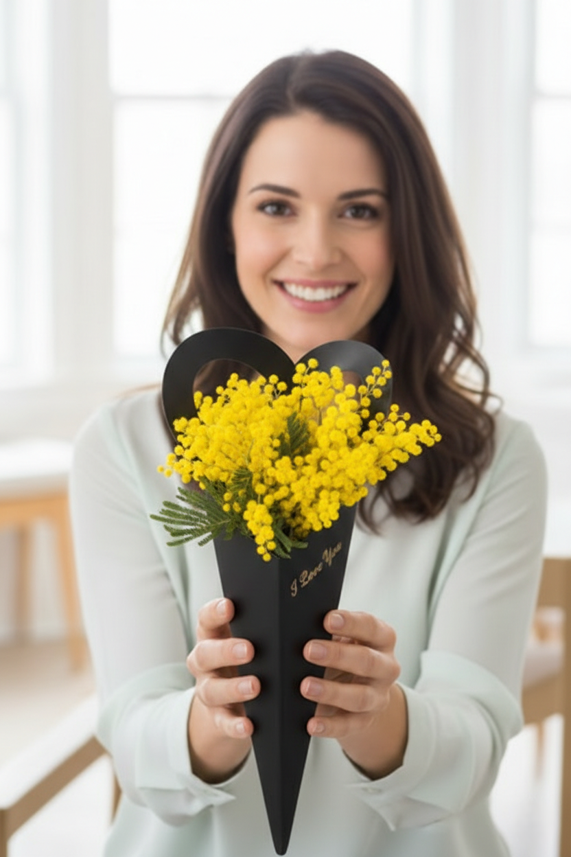 L'essenza dell'8 Marzo: pura mimosa in un esclusivo packaging a cuore firmato DV Flowers Elegante cono nero a forma di cuore riempito di mimosa fresca per la Festa della Donna a Corato