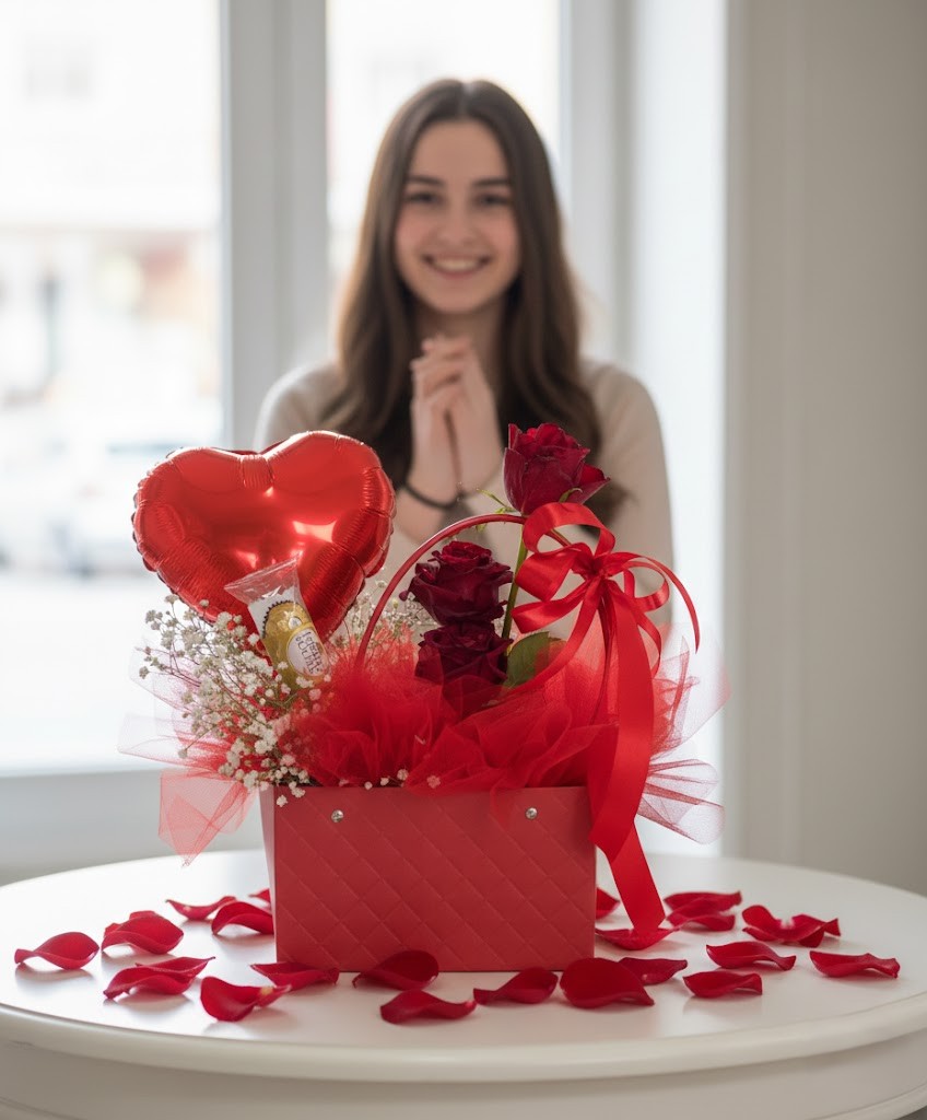 Ragazza sorridente con Love Bag di rose rosse e cioccolatini Ferrero Rocher a Corato.