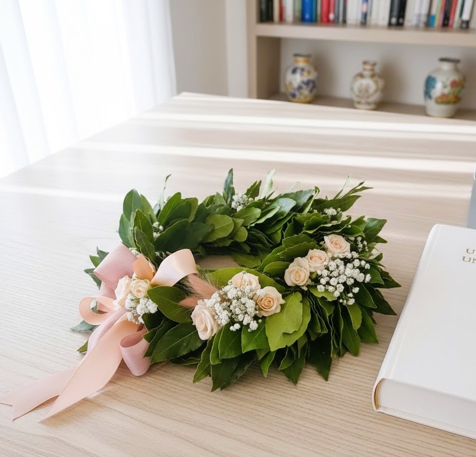 Corona d'alloro "Rosa Incanto" con rose ramificate e gipsofila – DV Flowers Corato. Corona d'alloro per laurea con rose ramificate color pesca e gipsofila su un tavolo accanto a una tesi bianca