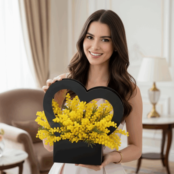 Ragazza sorridente che tiene tra le mani la box Cuore Infinito Black con mimosa fresca in un interno elegante