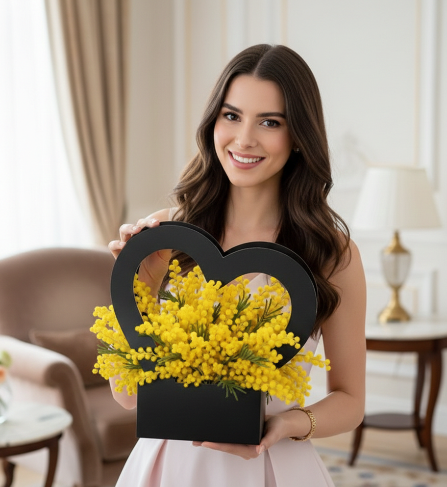 Il sorriso perfetto per l'8 Marzo: la nostra Flower Bag "Cuore Infinito" con mimosa rigogliosa Ragazza sorridente che tiene tra le mani la box Cuore Infinito Black con mimosa fresca in un interno elegante