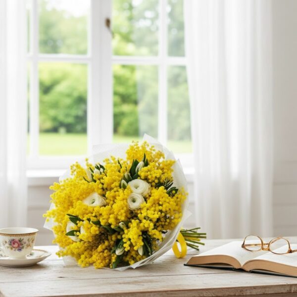Bouquet per la Festa della Donna con abbondante mimosa gialla e fiori bianchi (ranuncoli e tulipani) avvolti in una confezione decorata bianca