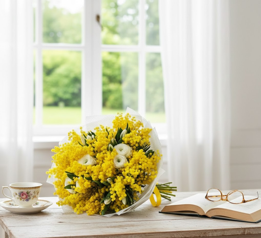 Bouquet per la Festa della Donna con abbondante mimosa gialla e fiori bianchi (ranuncoli e tulipani) avvolti in una confezione decorata bianca