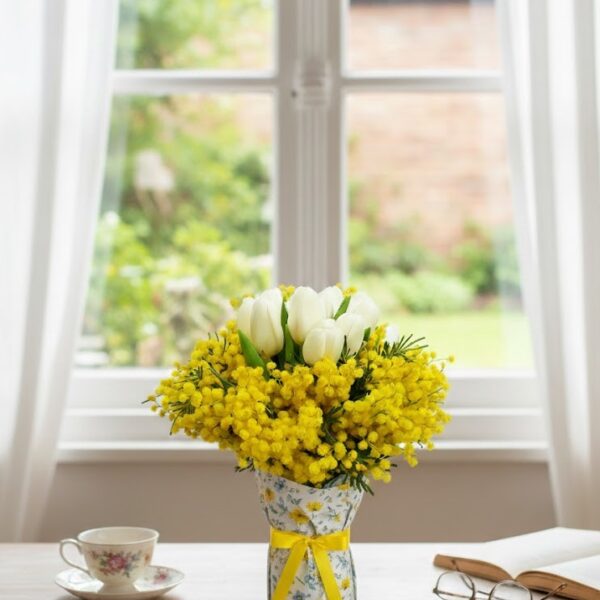 Bouquet di mimosa gialla e tulipani bianchi in confezione regalo floreale su un tavolo in legno davanti a una finestra.