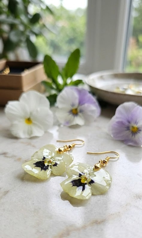 Orecchini "Petali di Luce": violette vere e resina anallergica. Un regalo unico per la Festa della Donna a Corato Orecchini pendenti in resina con vere violette del pensiero bianche e dettagli dorati, appoggiati su un tavolo di marmo
