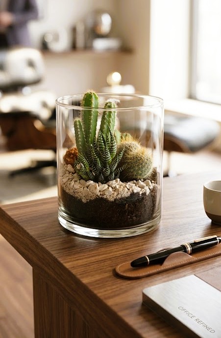 Un tocco di natura desertica per il tuo ufficio. Ordina online su DV Flowers e ricevilo comodamente a Corato. Terrarium in vetro cilindrico con cactus e succulente su scrivania da ufficio moderna, disponibile per consegna a Corato.