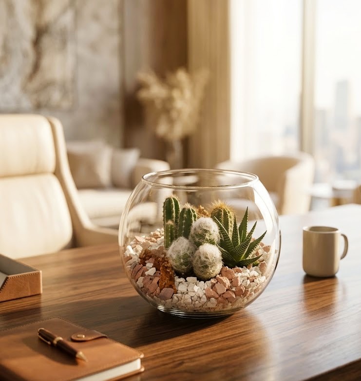 Il tocco green definitivo per il tuo ufficio di successo: Bolla Desertica porta lo stile minimalista sulla tua scrivania. Fotografia professionale di ambientazione del terrarium sferico Bolla Desertica, posizionato su una scrivania in legno in un ufficio moderno e luminoso con vista città, realizzato da DV Flowers Corato.