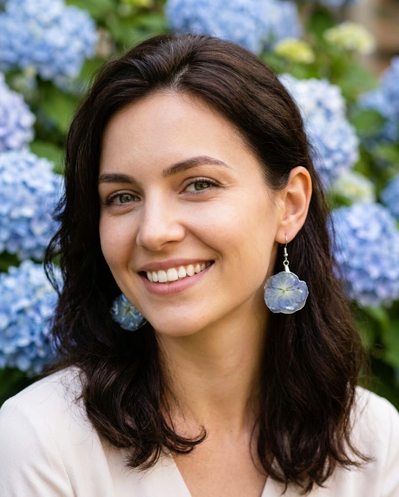 Modella sorridente indossa orecchini pendenti con fiori di ortensia azzurra stabilizzata e ganci in acciaio inox, con sfondo di ortensie in fiore - DV Flowers.