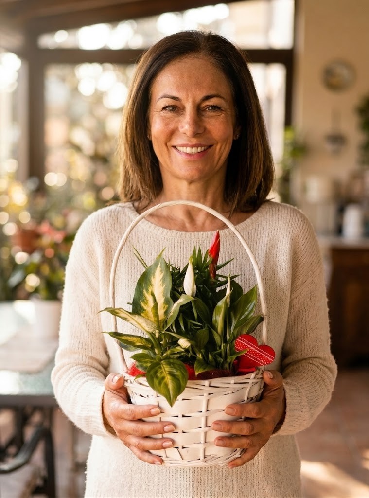 Regalo perfetto per la Festa della Mamma: cesto misto di piante e fiori. Una donna sorridente tiene in mano un cesto regalo misto contenente piante verdi, una phalaenopsis bianca e un fiore di anthurium rosso, decorato con un cuore rosso.