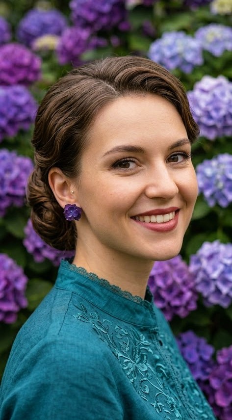 Ragazza sorridente che indossa orecchini Hydra Studs Purple in vera ortensia viola, sfondo giardino fiorito.