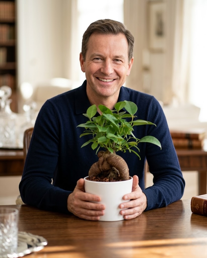 Rendi felice il tuo papà con Zen Dad, il Bonsai Ficus Ginseng dall'eleganza senza tempo. Consegna rapida a Corato. Un papà sorridente seduto a un tavolo elegante che tiene tra le mani il Bonsai Ficus Ginseng Zen Dad in vaso bianco, disponibile su dvflowers.it per consegna a Corato