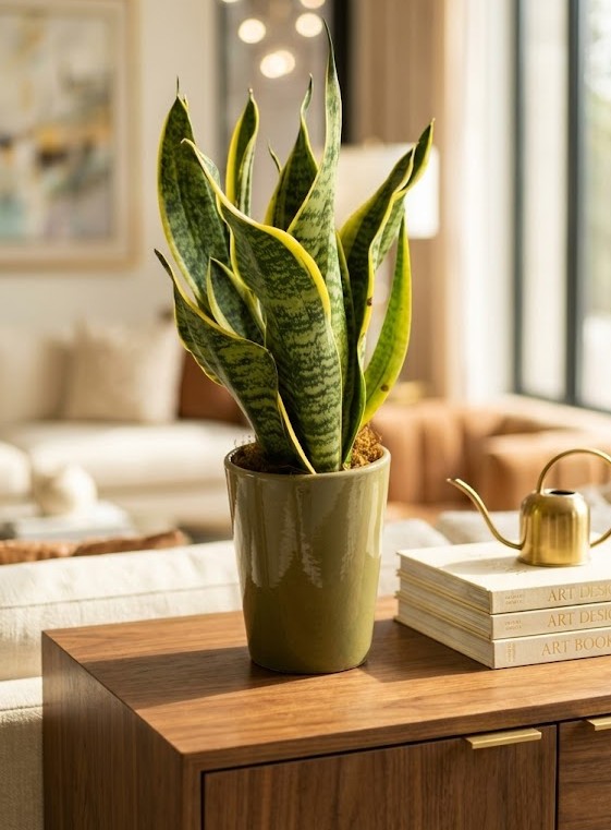 Eleganza senza tempo: la Sansevieria è il complemento d'arredo perfetto per un living luminoso e curato. Sansevieria Trifasciata in vaso verde su madia in legno di un soggiorno moderno, atmosfera luminosa e raffinata, DV Flowers Corato.