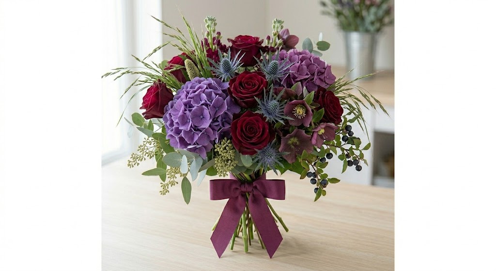 Bouquet Ametista con 7 rose rosso scuro e 3 ortensie viola - DV Flowers Corato