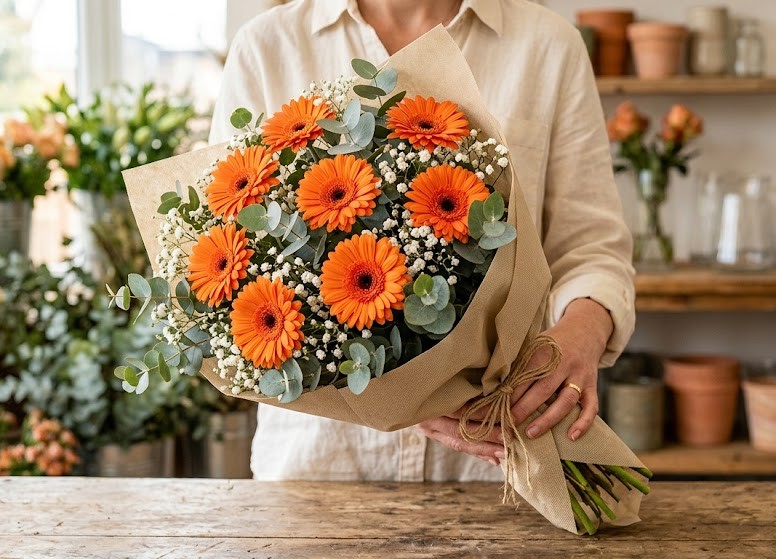Un vivace bouquet di gerbere arancioni, gypsophila e eucalipto, confezionato con cura in carta kraft e spago naturale. Una fioraia indossa una maglia chiara e tiene in mano un bouquet di gerbere arancioni, gypsophila e rami di eucalipto, avvolto in carta artigianale e legato con uno spago.