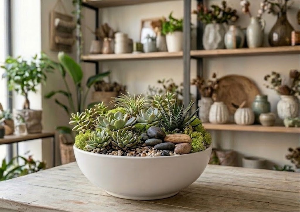 Composizione botanica zen con succulente e sassi decorativi per regalo Festa della Mamma.