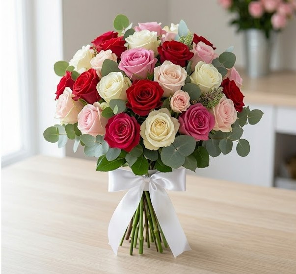 Bouquet Amour Infini di rose miste e eucalipto DV Flower Stylist con nastro bianco pronto per consegna a Corato