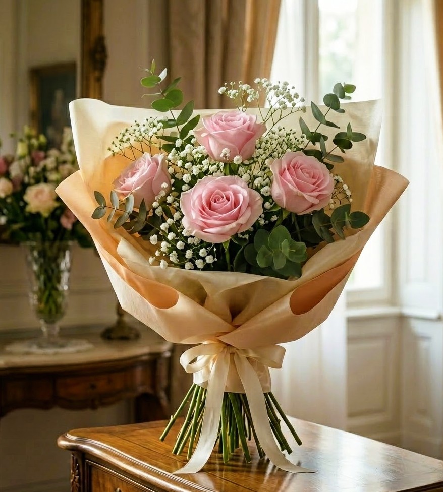 Un elegante bouquet composto da rose rosa fresche, gipsofila e foglie di eucalipto. Bouquet rose rosa con gipsofila ed eucalipto - Abbraccio di rose