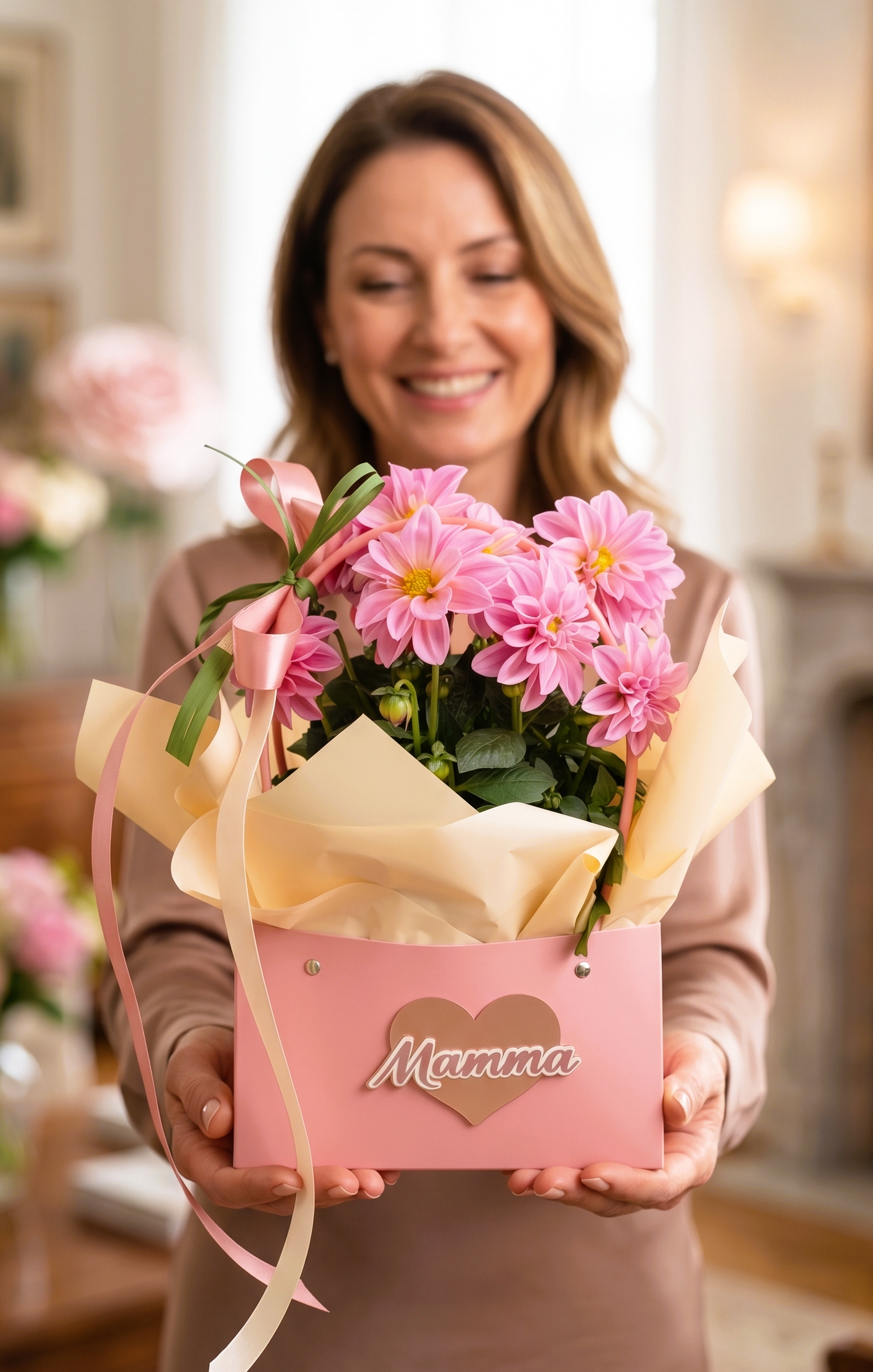 Composizione di dalia rosa in shopper regalo con scritta Mamma per la Festa della Mamma - DV Flowers