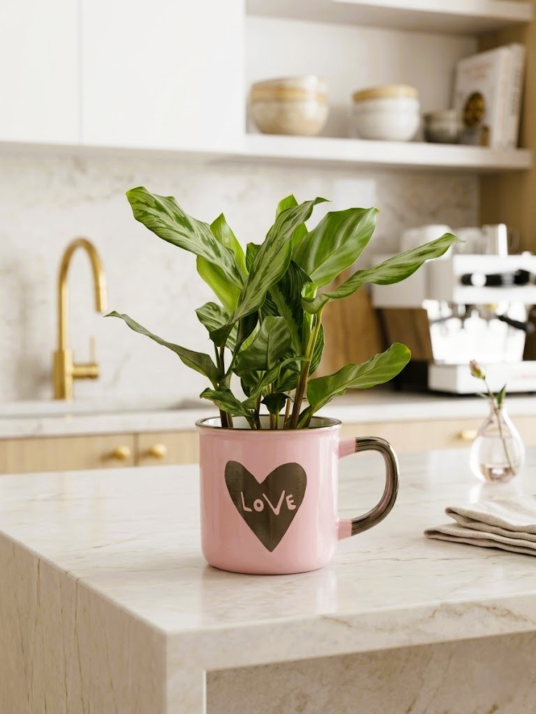Pink Love Plant: l'eleganza della Calathea Freddie in un'esclusiva tazza decorativa. Calathea Freddie in tazza rosa con cuore Love Pink Love Plant idea regalo Festa della Mamma