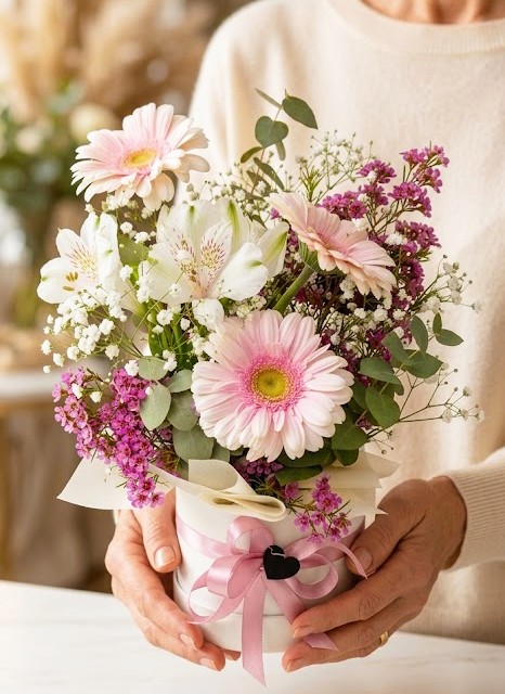 Composizione "Incanto Rosa": l'eleganza delle gerbere e la delicatezza delle alstroemerie in un'esclusiva flower box artigianale. Flower box Incanto Rosa con gerbere rosa, alstroemerie bianche e rami di eucalipto, regalo artigianale per la Festa della Mamma dvflowers.it.