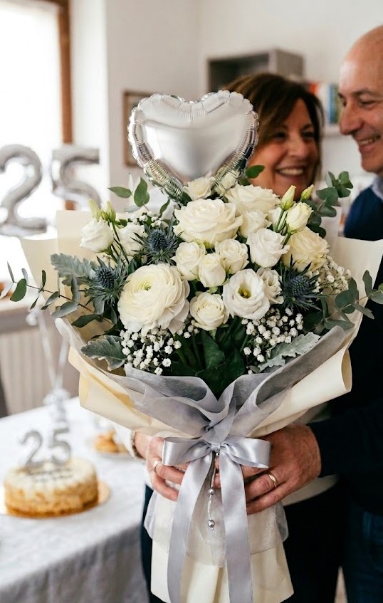 Esclusivo bouquet per Nozze d'Argento con rose bianche e palloncino a cuore, ideale per regali e fiori per anniversario a Corato. Bouquet Silver Love Prestige per regali anniversario a Corato, ideale per 25 anni di matrimonio