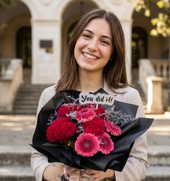 Maturanda sorridente a Corato con in mano il Bouquet Traguardo di Celosia e Gerbere fuori da scuola