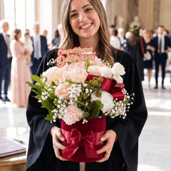 Fiori laurea Corato: ragazza sorridente con la flower box in velluto bordeaux Dott.Velvet