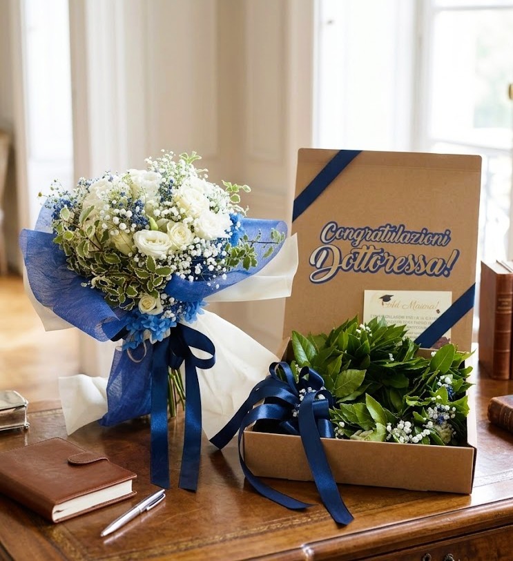 L'esclusivo Kit Proclamazione Deep Blue esposto su tavolo in legno in ambiente luminoso. Kit Proclamazione Deep Blue con bouquet di rose bianche e corona d'alloro per laurea su tavolo in legno elegante a Corato