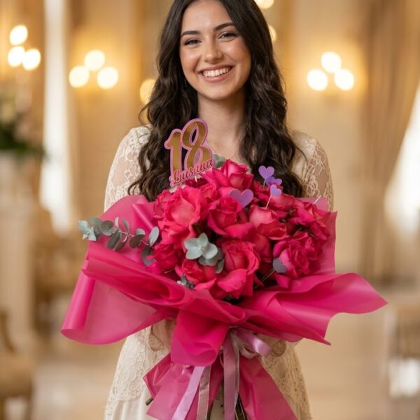 bouquet incanto fuxia rose per 18 anni con topper personalizzato consegna fiori corato