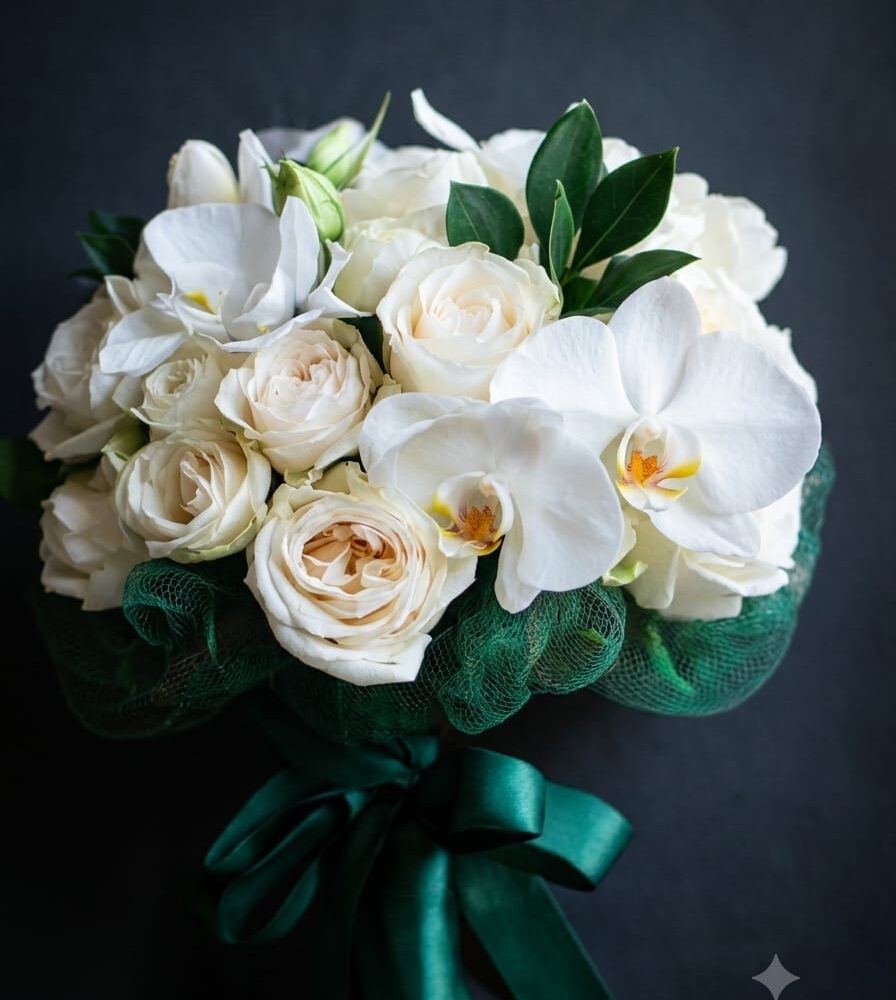 Bouquet su misura a Corato con rose avorio orchidee e nastro verde