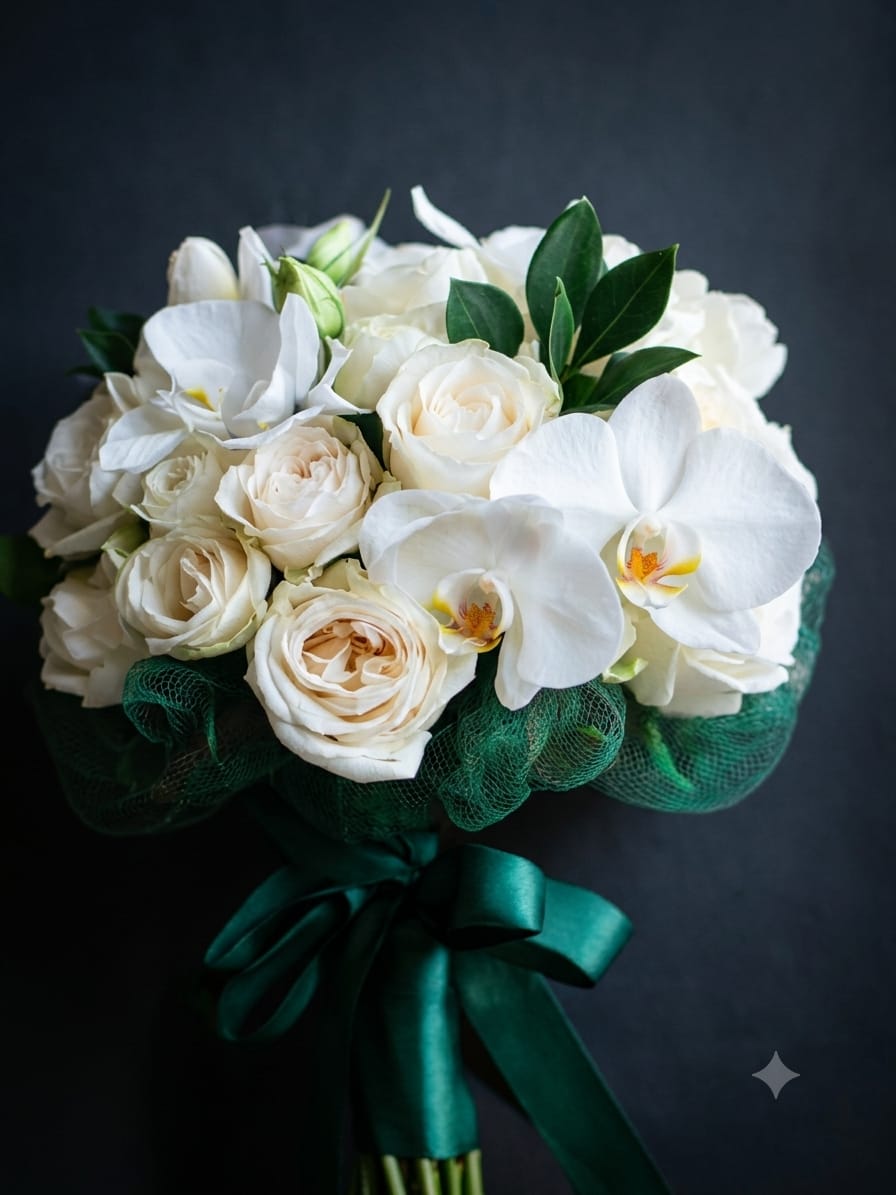 Bouquet su misura a Corato con rose avorio orchidee e nastro verde