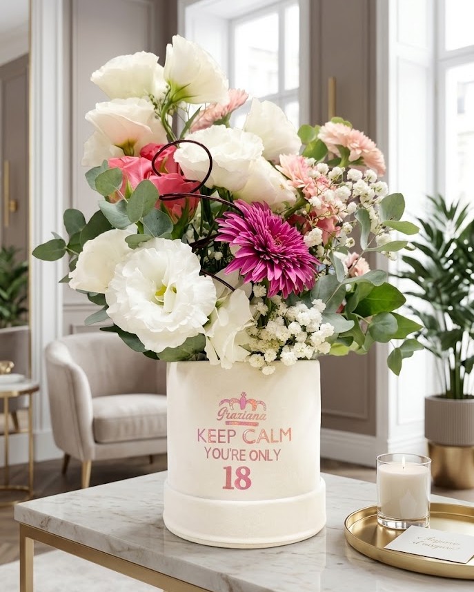 Flower Box 18 anni personalizzata in velluto con fiori freschi Sweet Eighteen Corato